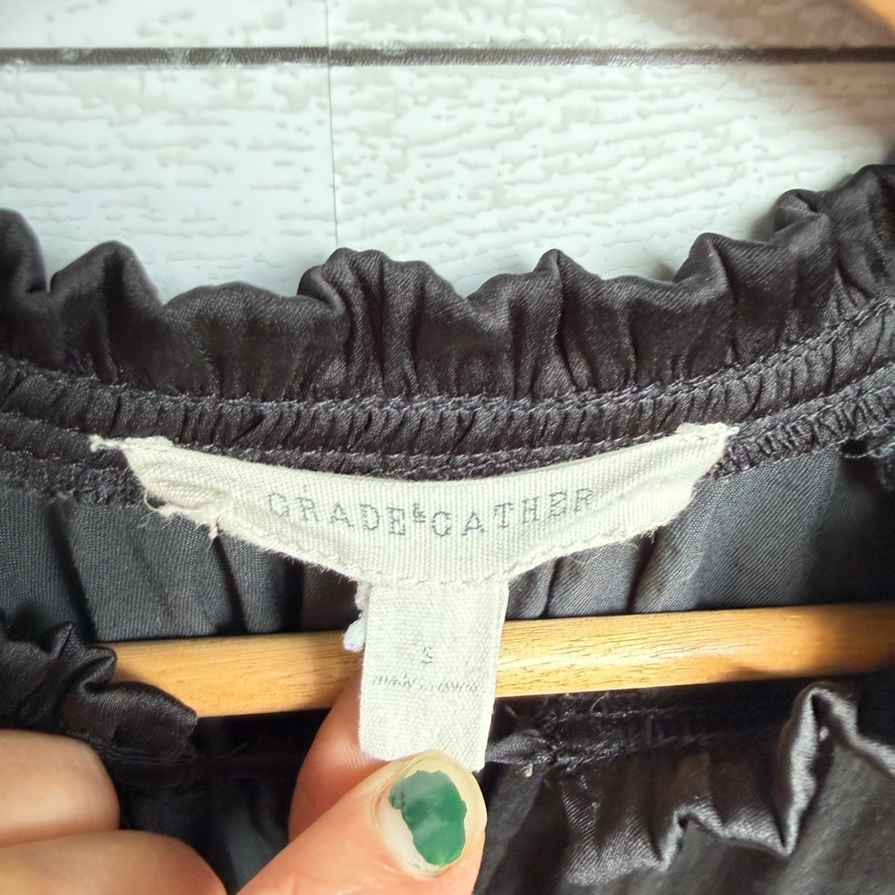Grade & Gather | Satin Black Pleated Shoulder Blouse – Romantic Boho | Size S - Picture 2 of 10